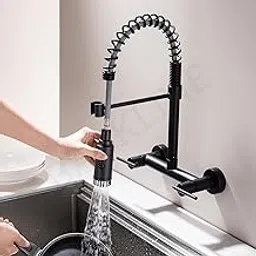 Backline Brass WallMount Kitchen Sink Mixer Tap 360° Swivel Pull-Out Sprayer Kitchen Faucet with 3 Flow Spray Head | Kitchen Sink Hot & Cold Mixer Faucet | Sink tap (Black Matt) image 1
