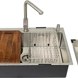 Carysil All-in-One Workstation 304 Stainless Steel Kitchen Sink with Pull-out Faucet, Soap Dispenser, Chopping Board, Flexible Basket, Colander, 30x20x8 Inches, Chrome-image-7