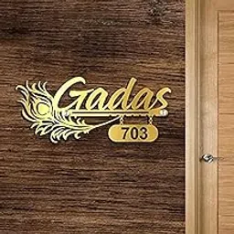 Mystica Morpankh With Flute Gold Acrylic Customised Name Plate for Home | Personalized Name Plate For Indoor/Outdoor, Office, Corporate Nameplate (7X16IInch)-picture-20