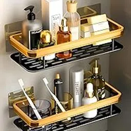 veroflame Self Adhesive Without Drill Bathroom Shelf Rack Aluminium Wall Mounted Rack,Multipurpose Organizer for Bathroom & Kitchen |Storage for Toiletries & Spices (Black with Golden, Pack of 1)-picture-10