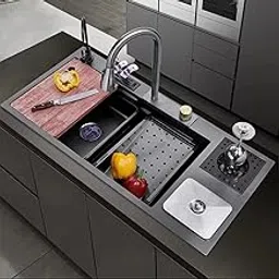 Kitchen Sink 35 Inch - SS 304 Grade Modular Kitchen Sink With Waterfall Pull Down Faucet | Single Bowl With RO-Water Purifier Tap | Fruit Basket & All Accessories (Black, Dustbin 35 X 18 X 9 Inch)-picture-18