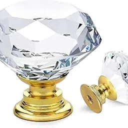 35mm Crystal Glass Knobs Door Drawer Wardrobe Pull Knob Diamond Shaped with Goldbase Handles for Cupboard, Cabinet, Dresser in Bathroom, Kitchen, Office ect. (Pack of 8, Clear, 35mm)-image-81
