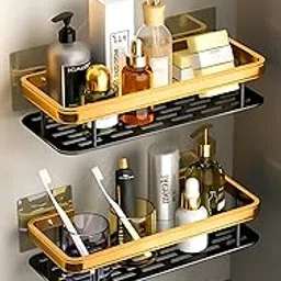 Heavy-Duty Bathroom Organizer Shelf Set of 2 – Rustproof Carbon Steel, Self Adhesive Wall Rack, No Drilling Needed | Gold Black Finish-image-11