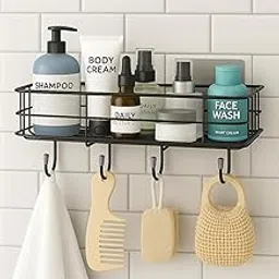 NAMUVA Stainless Steel Bathroom/Kitchen Shelf for Wall, Self Adhesive Bathroom/Kitchen Organiser with 4 Hooks Space-Saving Wall Mounted Shelf - Pack of 1 (Black, CED Powder Coated) image 1