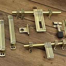 Jovial 1016 - Double Door - Door Fittings Kit, Door Accessories Kit, Door Kit Set (12"-1 Aldrop, 10"-1 Latch, 4 Handles, 2 Tower Bolt and 2 Door Stopper, Finish : Antique Brass) image 1
