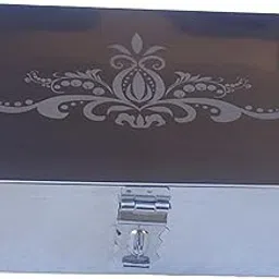 GinoSet® Stainless Steel Storage Box, Cash Peti, Pooja Peti, Organizer, Vanity Box, Safe Locker With Laser Print Design (9"W x 6"L x 2.90"H)-picture-12