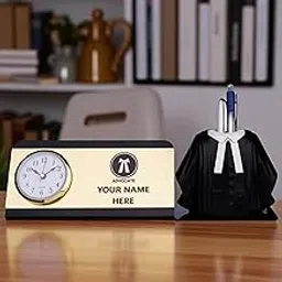 SHAYONA Personalized Advocate Desk Accessories Set Lawyer's Coat Pen Holder & Name Plate Name Plate with Clock, Lawyer Office Table Decor Gift - 12 inch-image-3