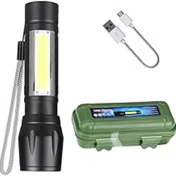 Rechargeable LED Torch (~2KM Range) | 3-Mode Zoomable Flashlight with Side COB Light | Waterproof & Anti-Slip Design | Pocket-Size, Waterproof, Durable Torch for Outdoor, Camping & Emergency Use image 1