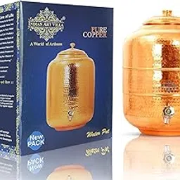 Indian Art Villa Pure Copper Hammered Design Water Pot/Dispenser/Container/Matka/Tank with Brass Tap, for Storage & Serving Water, Health Benefits, Volume-16 Liters-image-3