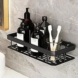 JIALTO Bathroom Accessories - Multipurpose Aluminium Bathroom Shelf for Wall, Self-Adhesive Wall Mounted Bathroom Organiser Without Drill, 1 Pcs Black Bathroom Shelf-image-45