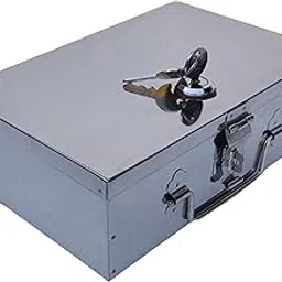 Crevita Stainless Steel Cash/Jewellery/Coin Storage Rectangular Silver Boxes with Pre-Fitted Lock (10" X 7" X 3")(With Pre fited One Lock & 2 Key) (Standard Poja 10)-image-14