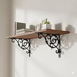 Metal Handcrafted Shelf Bracket for Floating Shelves L Angle Decorative L Shaped Corner Brace Joint Heavy Duty Wall Mounted Shelf Supporter Corner Brace Holder | (Pack of 2, Black)-image-82