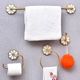 Indian-Shelf Set of 4 Gold Bathroom Hardware Accessories | Mother of Pearl Toilet Paper Stand | White Towel Hooks | Bath Hand Towel Ring | Bathroom Towel Bar-image-6