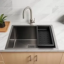 Goonj Handmade 304 Grade Stainless Steel Kitchen Sink, Single Bowl Undermount Basin with Basket & Pipe for Home (24x18x10)-picture-11