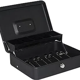 Overa Black Steel Cash Box with Safe Key Lock | Tiered Money Coin Tray and Bill Slots | Portable and Compact | 2 Keys | Metal Lockable Storage Box for Change, Petty Cash, Garage Sale.-image-33
