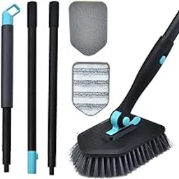Shower Brush Scrubber with Long Handle 50'' - Detachable Tub and Tile Cleaning Brush with 2 Sponge Heads, 1 Stiff Bristle Brush and 1 Microfiber Pad for Cleaning Bathtub Shower Bathroom (Black) image 1
