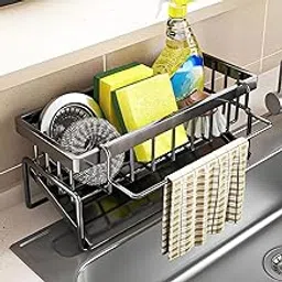 WALLAURA Stainless Steel Kitchen Sink Organizer Rack | Rust-Proof Sponge Holder, Soap & Scrubber Storage Caddy with Towel Bar | Multipurpose Over Sink Dishwashing Rack for Home & Kitchen-image-8