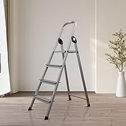 BonKaso 4-Step Foldable Aluminium Ladder for Home | Anti-Slip Steps | Edge Guards | with Sure-Hinge Technology (Black) image 1