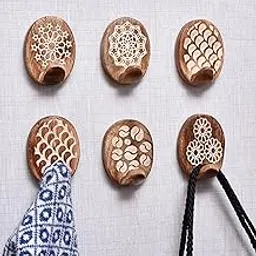 Indian-Shelf 6 Hooks, 12 Strips Wood Wall Hooks- Adhesive Wall Hooks- Decorative Wall Hooks for Hanging- Boho Wall Hooks- Sticky Coat Hooks Wall Mount- Wooden Towel Hooks for Bathroom Wall Mounted-image-46