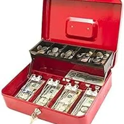 Cash Box with Key Lock, Metal Cash Box with Money Tray, Cash Register,5 Compartments Cantilever Tray & 4 Spring-Loaded Clips for Bills,11.81"x 9.45"x 3.54" (Red - Key Lock)-image-51