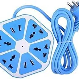 Hexagon Socket Extension Cord Board with 4 USB 2.0Amp Charging Point for Home & Office Universal Power Strip Extension Board, 6 Sockets, 2 USB Ports, 2 Metre Cord, Blue-image-76