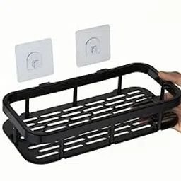 Zuveg Durable Plastic Wall Mounted Bathroom Shelf Organizer | Self-Adhesive, No Drilling | Space-Saving Storage Rack for Washroom, Kitchen | Black-picture-24