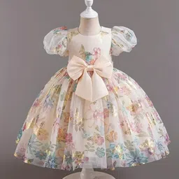 niren enterprise Baby Girls Fit And Flare Knee Length Gold Foil Butterfly Puff Sleeve Bowknot Princess Gown Dress for Special Occasions image 2
