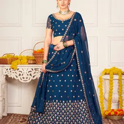 Warthy Ent Teal Blue & Red Embroidered Semi-Stitched Lehenga&Unstitched Blouse & Dupatta image 1