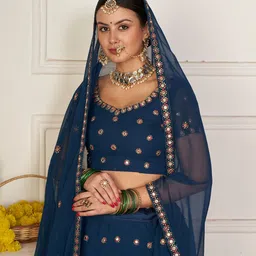 Warthy Ent Teal Blue & Red Embroidered Semi-Stitched Lehenga&Unstitched Blouse & Dupatta image 2