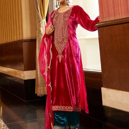Indo Era Women Ethnic Motifs Embroidered Regular Sequinned Velvet Kurta with Trousers & With Dupatta-picture-43