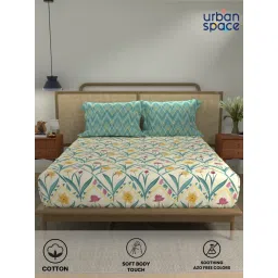 Urban Space Spring Turquoise Cotton Bedsheet with 2 Pillow Covers (Queen) image 2