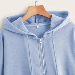 pdkfashions Women's Solid Zipper Cotton Blend Regular Fit Hoodie (Dark Sky Blue, Small) image 3