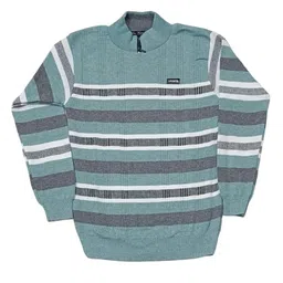 Men's Quarter-Zip Striped Sweater, Light Green and Grey Pattern, Long Sleeve Knit Pullover image 1