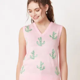 Miramor Women Pink & Green Printed Sweater Vest-picture-15