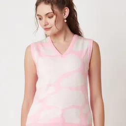 Miramor Women Pink & White Abstract Printed Sweater Vest-picture-33