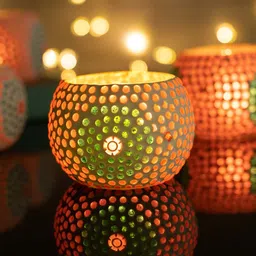 Homesake Set of 4 Red & White Glass Round Mosaic Tea Light Candle Holder-image-72