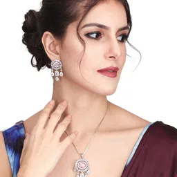 Anvik Silver-Plated Cubic Zirconia Studded Pendant Set for Women-image-73