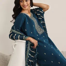 Gerua By Libas Blue Round Neck Floral Zari Embroidered A-Line Kurta With Trouser And Dupatta-picture-13