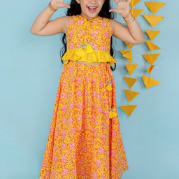LIL DRAMA Girls Floral Printed Cotton Tie Up Neck Ready to Wear Lehenga & Choli-picture-14