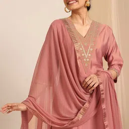 Gerua By Libas Floral Yoke Design Sequnnied Straight Kurta With Trousers & Dupatta-image-94