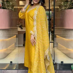 Anni Designer Geometric Printed Thread Work Straight Kurta With Trouser & Dupatta image 2