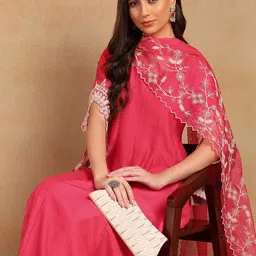 AHIKA Ethnic Motifs Embroidered Thread Work Anarkali Kurta With Trousers & Dupatta-image-54