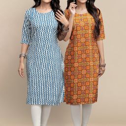 7threads KALINI Women Blue & Mustard Yellow Geometric Striped Block Print Crepe Kurta-picture-11