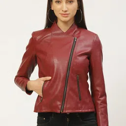Leather Retail Women Red Solid Lightweight Biker Jacket-picture-13