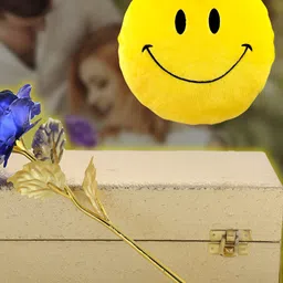 INTERNATIONAL GIFT Blue & Golden Rose Flower With Gift Box & Smiley Pillow Gift Set-image-66