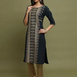 Vishudh Green Ethnic Motifs Printed Cotton Straight Kurta image 3