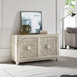 46Treeform "Elegant Ornate White Carved Wood 2-Door Accent Cabinet with Intricate Floral Design - Bohemian Chic Storage Console for Living Room, Entryway, or Bedroom image 1