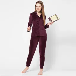 Drape In Vogue Women Wine Velvet Solid Night Suit - Maroon-picture-25