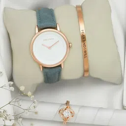 JOKER & WITCH Women Rose Gold Toned & Blue Analogue Watch With Bracelet And Ring Gift Set-picture-18