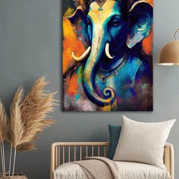 999Store Orange-Coloured & Blue Ganesha Religious Canvas Wall Art image 1